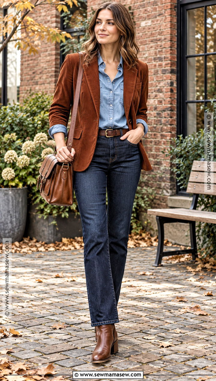 Corduroy Blazer and Chambray Shirt Autumn Outfit - 20 classic autumn outfits