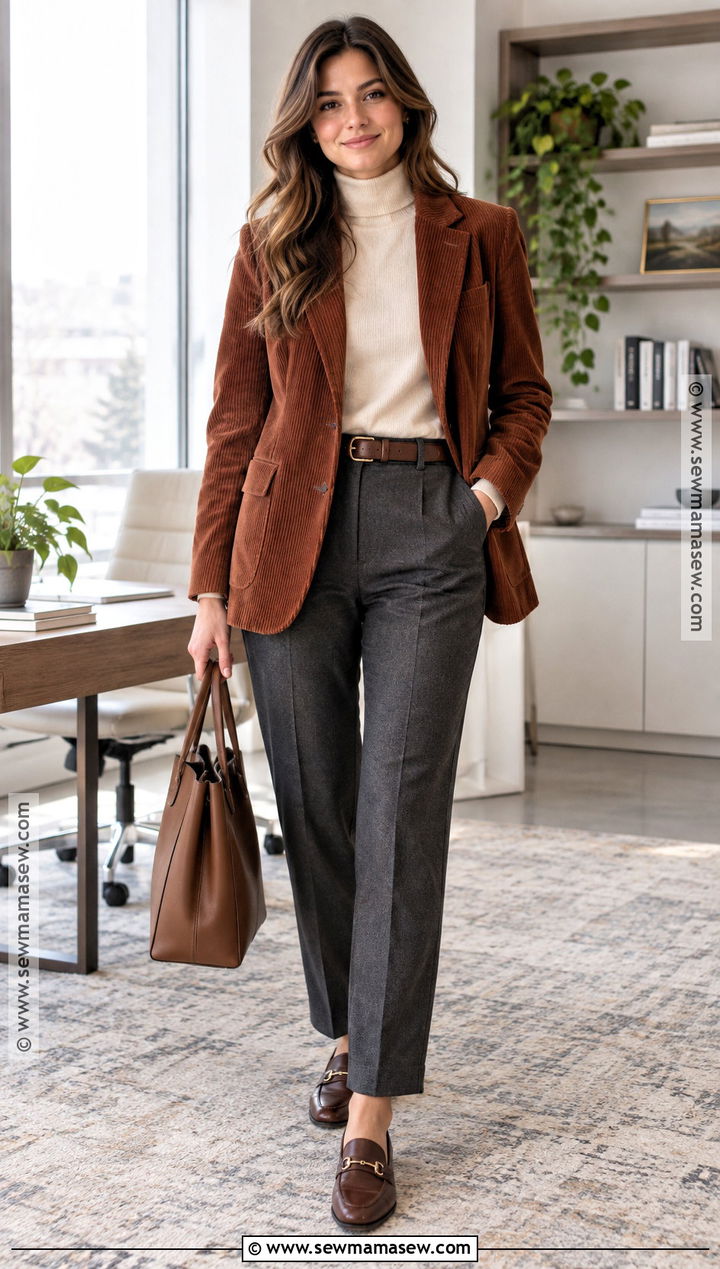 Corduroy Blazer and Tailored Pants Fall Office Outfit - 25 fall office outfits for women