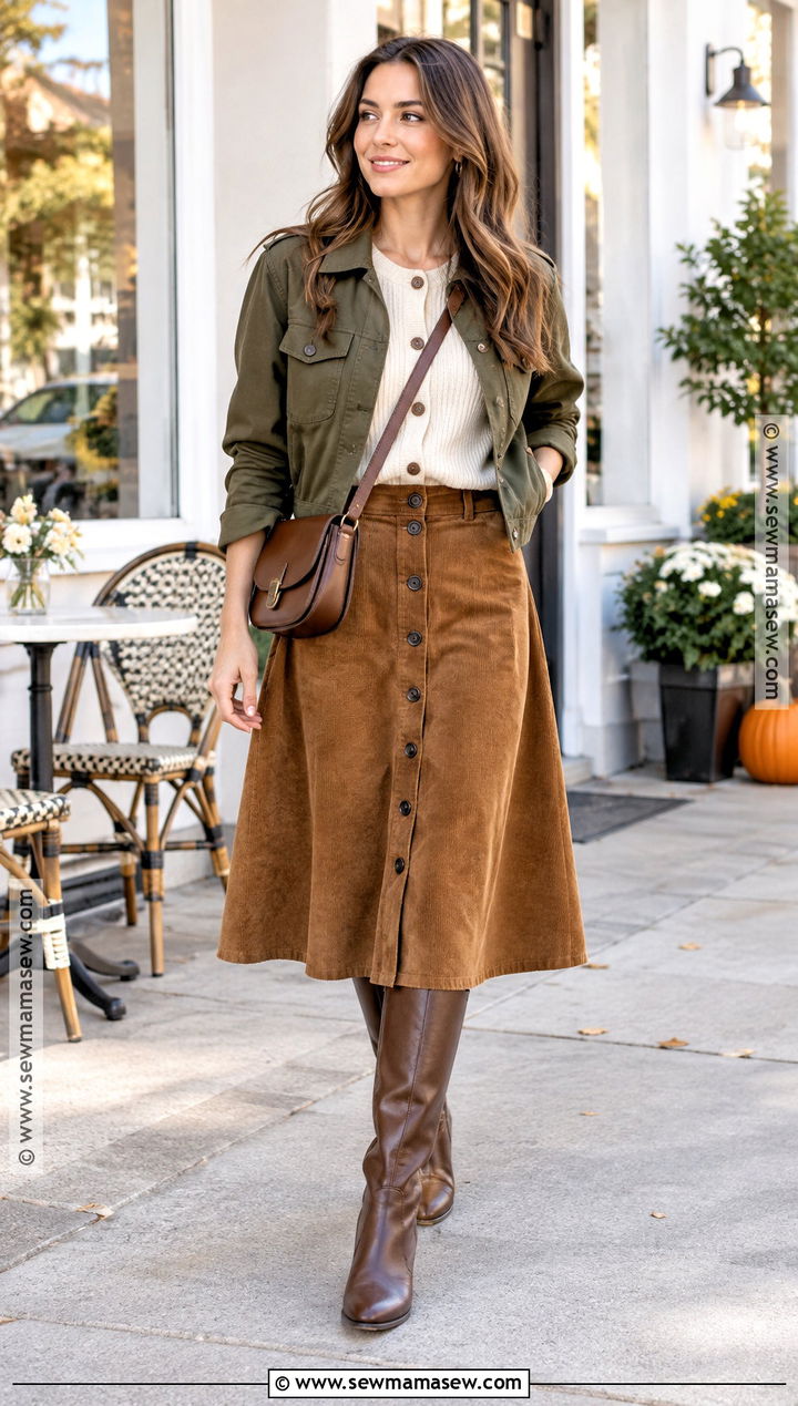 Corduroy Button Front Skirt And Cardigan Outfit - 20 skirt and sweater outfit fall ideas