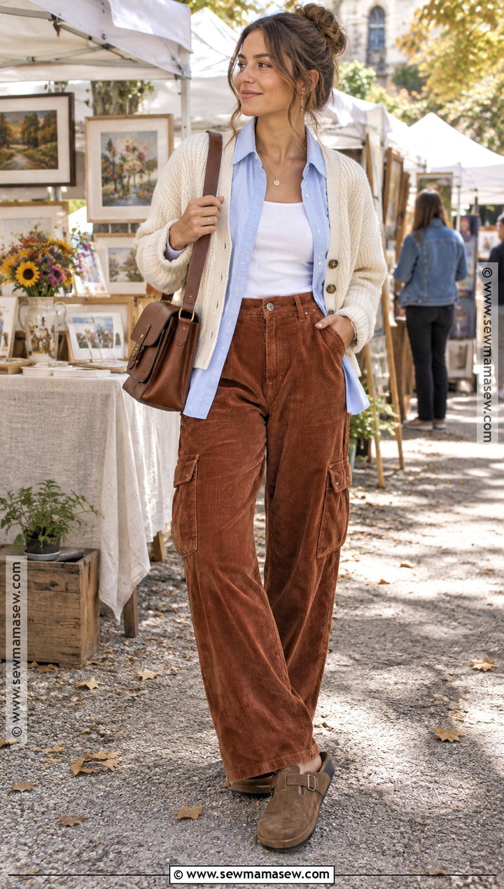Corduroy Cargo Pants With Button Down And Clogs - 15 Fall Outfit Ideas With Cargo Pants