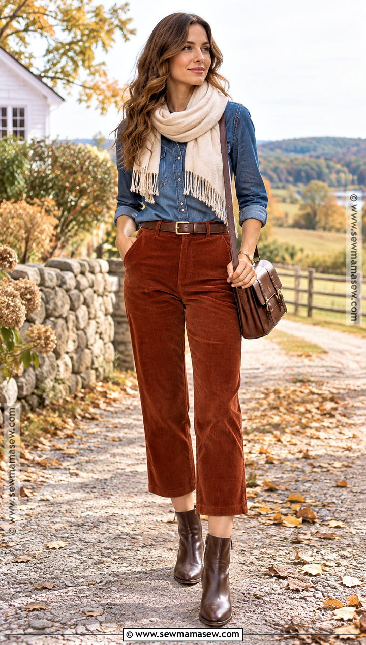 Corduroy Cropped Pants With Denim Shirt And Boots - 15 cropped pants fall outfit