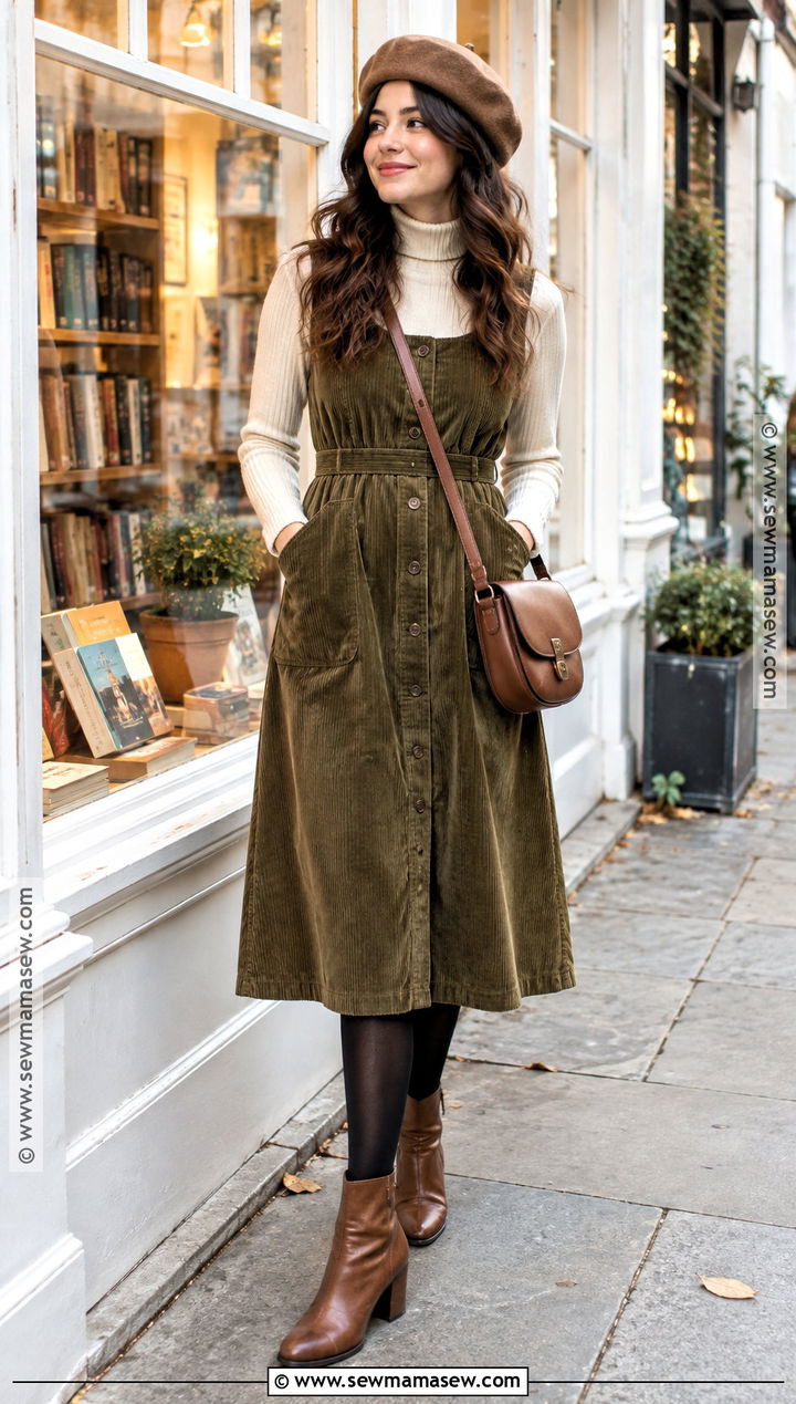 Corduroy Dress And Ankle Boots Autumn Outfit - 20 Outfit Ideas Autumn Aesthetic