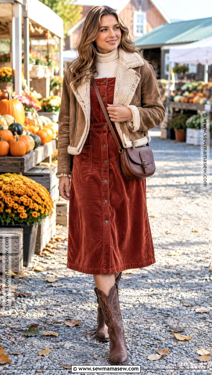 Corduroy Dress And Cowboy Boots Fall Outfit - 25 Cowboy Boots Outfit Fall