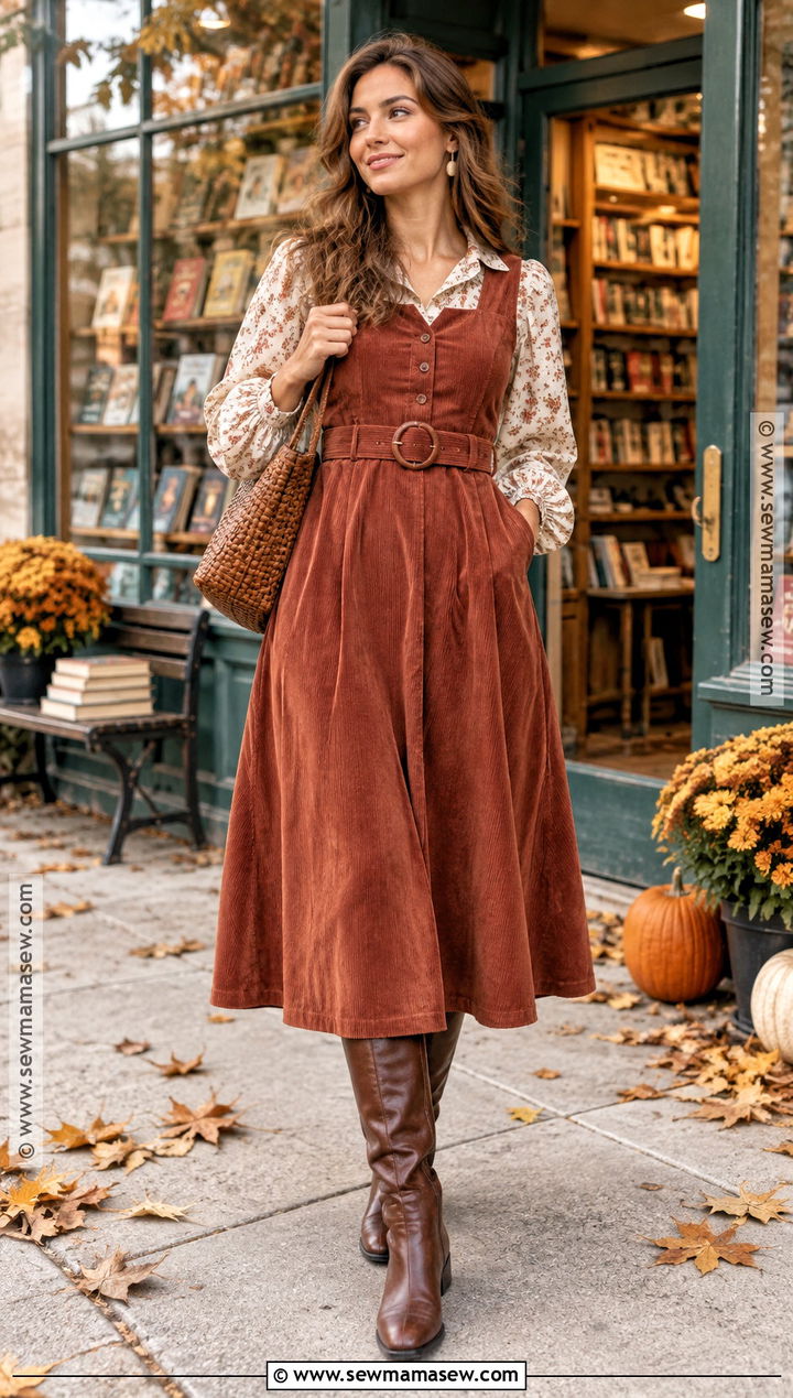 Corduroy Dress And Knee High Boots Boho Fall Outfit - 25 boho fall outfits