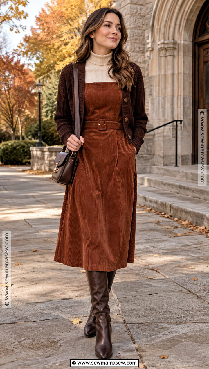 Corduroy Dress And Knee High Boots Church Outfit - 20 Church Fits Fall