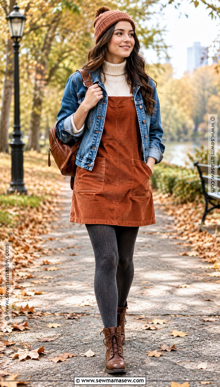 Corduroy Dress With Ribbed Tights And Lace Up Boots - 20 fall outfits tights