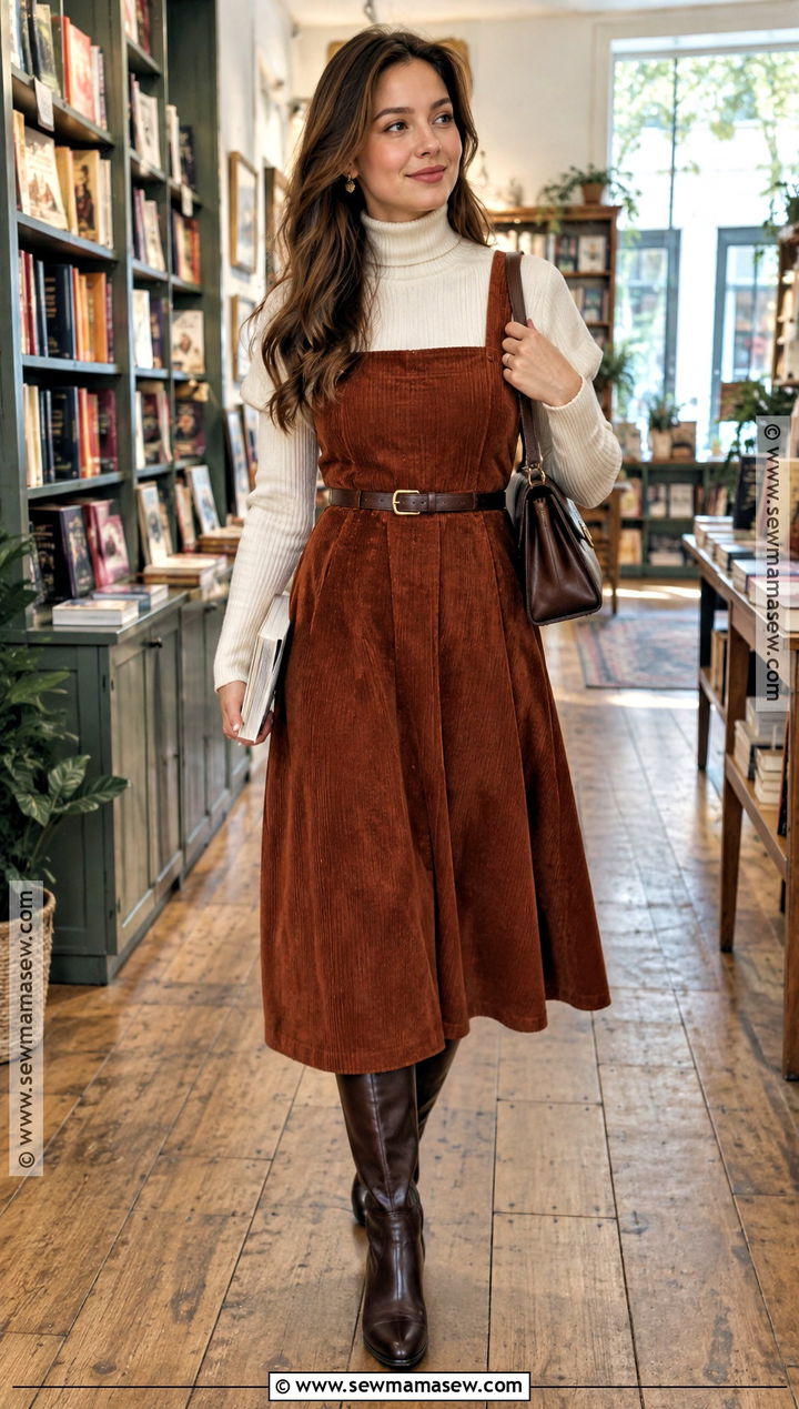 Corduroy Fall Dress Outfit With A Turtleneck - 15 womens fall dress outfits