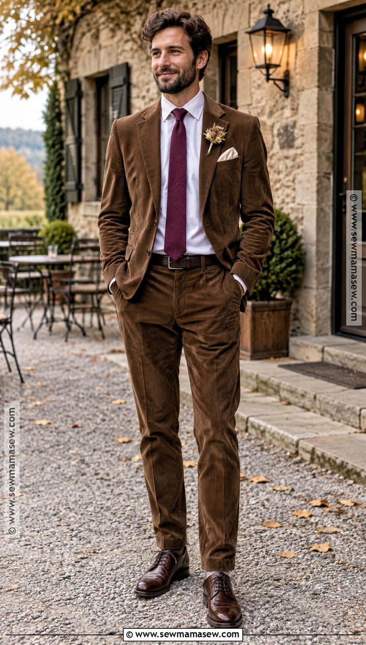 Corduroy Groom Suit With Knit Tie - 20 fall groom attire ideas