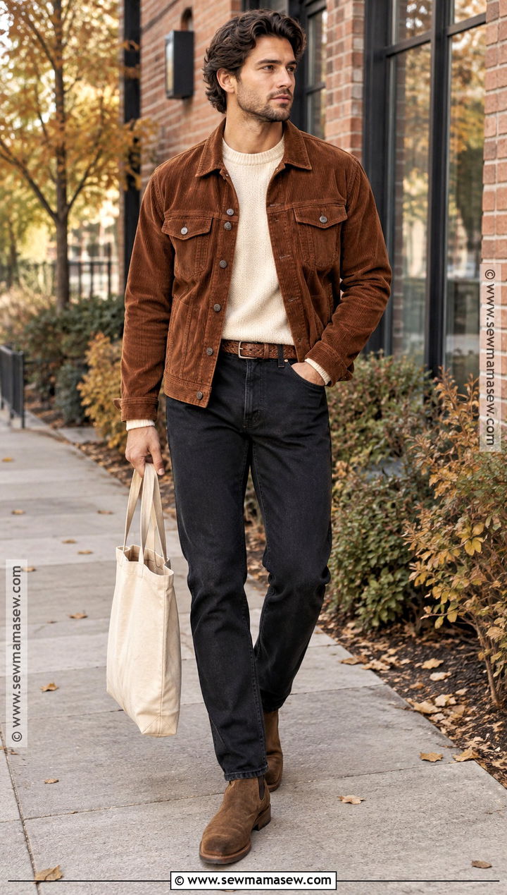 Corduroy Jacket And Dark Jeans Fall Outfit - 20 men casual fall outfits