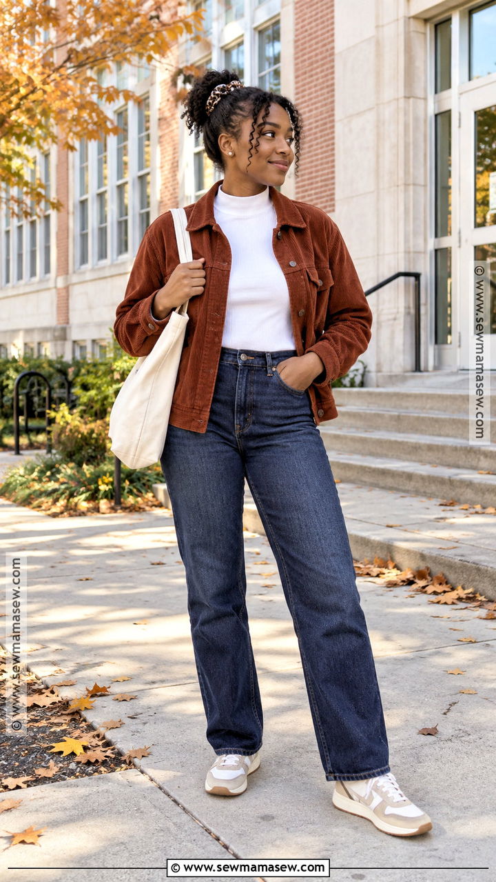 Corduroy Jacket And Dark Wash Jeans School Outfit - 20 fall outfits black women school