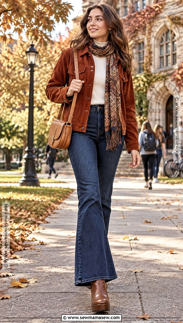 Corduroy Jacket And Flared Jeans College Outfit - 20 Autumn Outfits For College