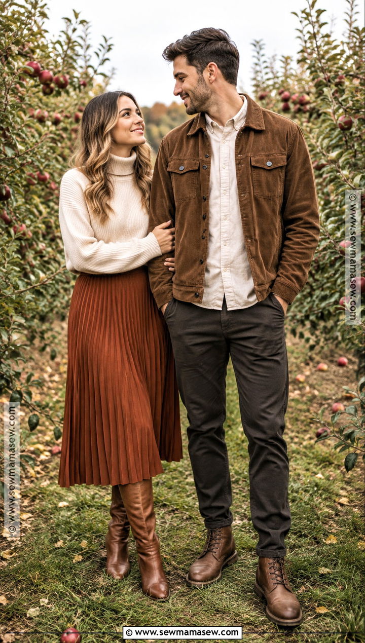 Corduroy Jacket And Midi Skirt Fall Couple Outfit - 25 fall photo shoot outfits for couples