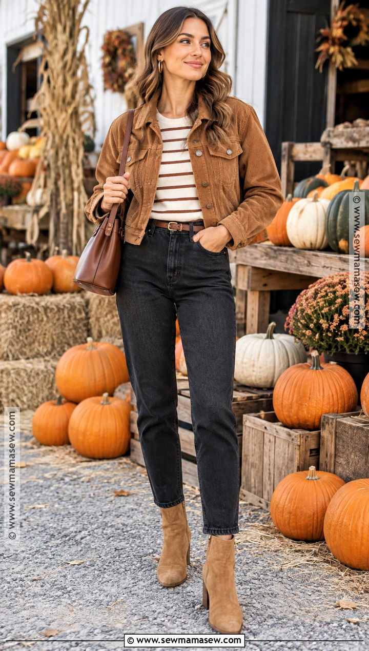 Corduroy Jacket And Striped Top Pumpkin Patch Outfit - 20 Pumpkin Patch Aesthetic Outfits