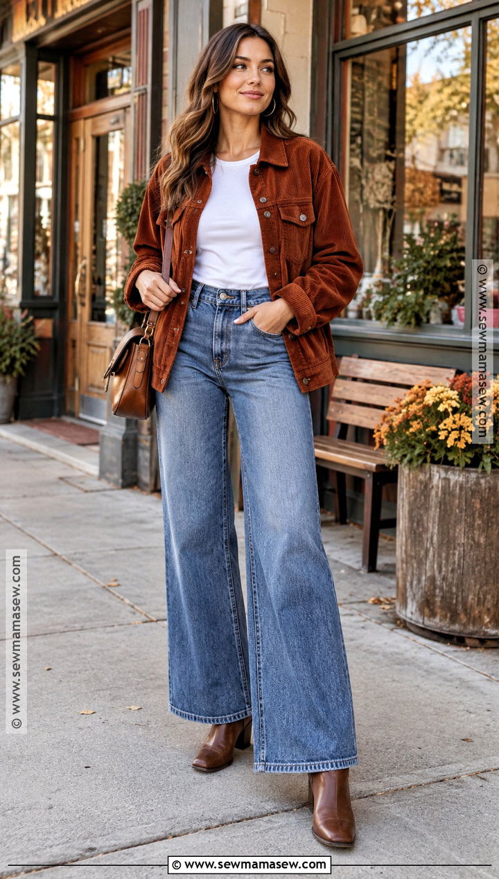 Corduroy Jacket And Wide Leg Jeans Fall Photoshoot Outfit - 20 fall photoshoot outfits for women
