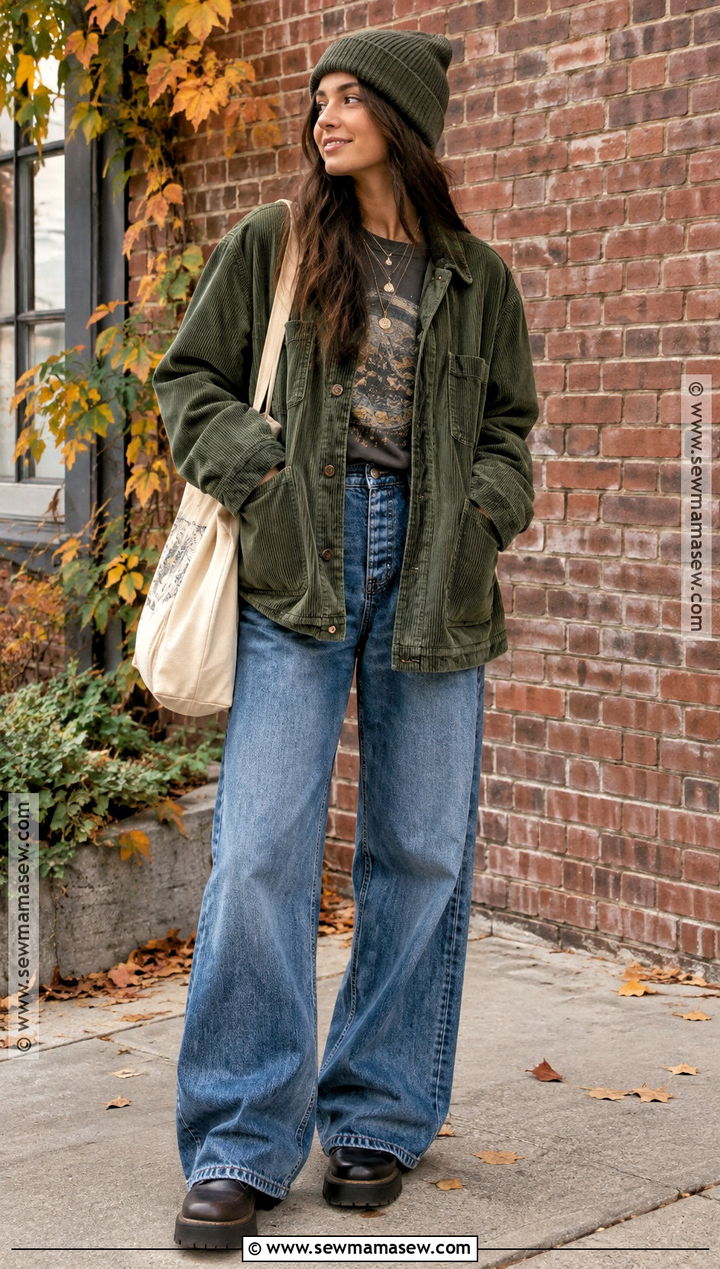 Corduroy Jacket And Wide Leg Jeans Grunge Outfit - 25 fall outfits grunge