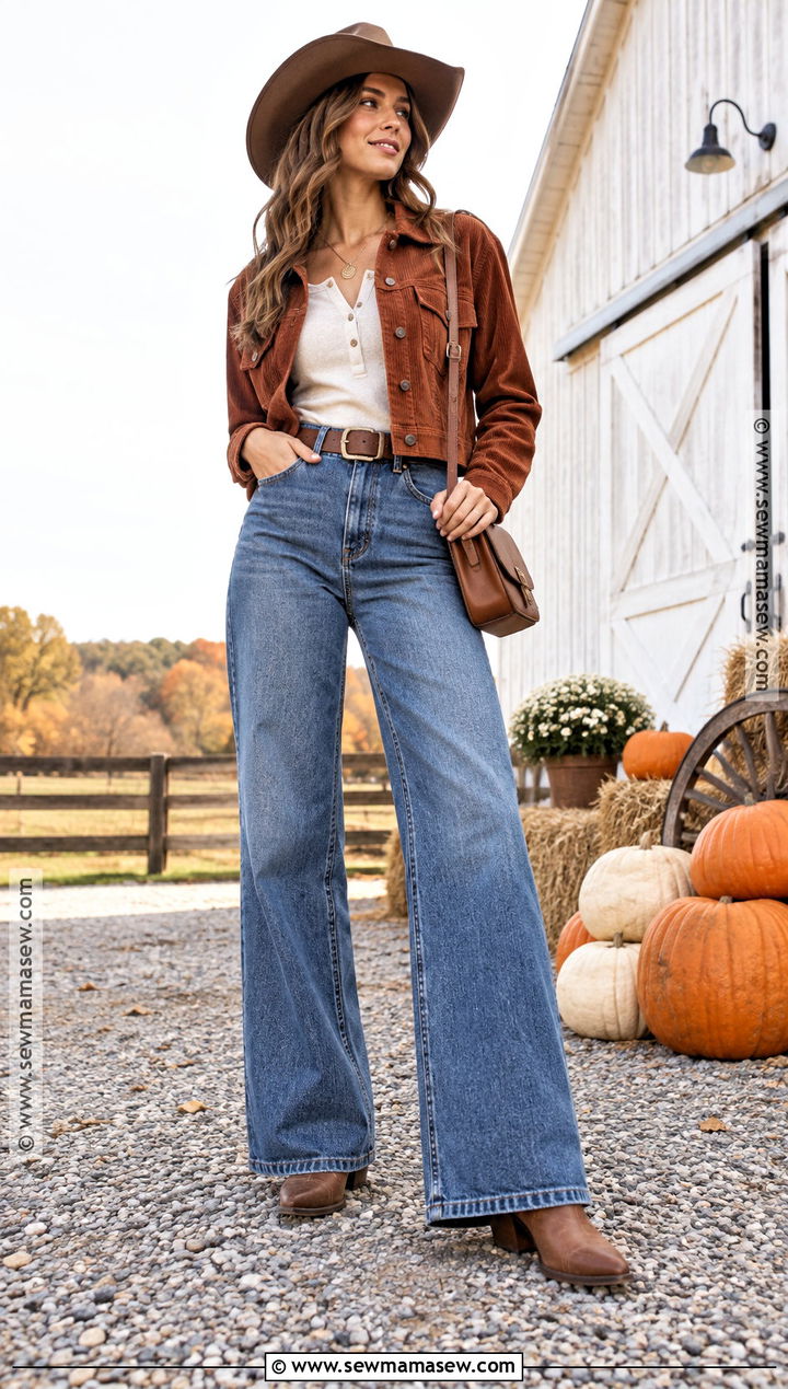 Corduroy Jacket And Wide Leg Jeans Western Fall Outfit - 15 western fall photoshoot outfits
