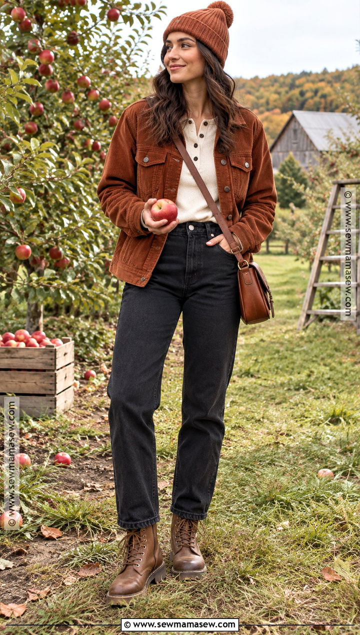 Corduroy Jacket Apple Picking Outfit With Black Jeans - 20 Apple Picking Outfits Fall