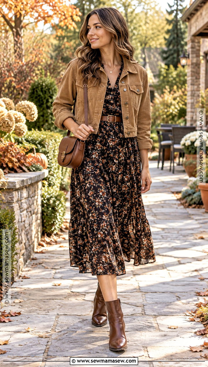Corduroy Jacket Fall Outfit With Floral Dress - 30 outfit inspo fall ideas
