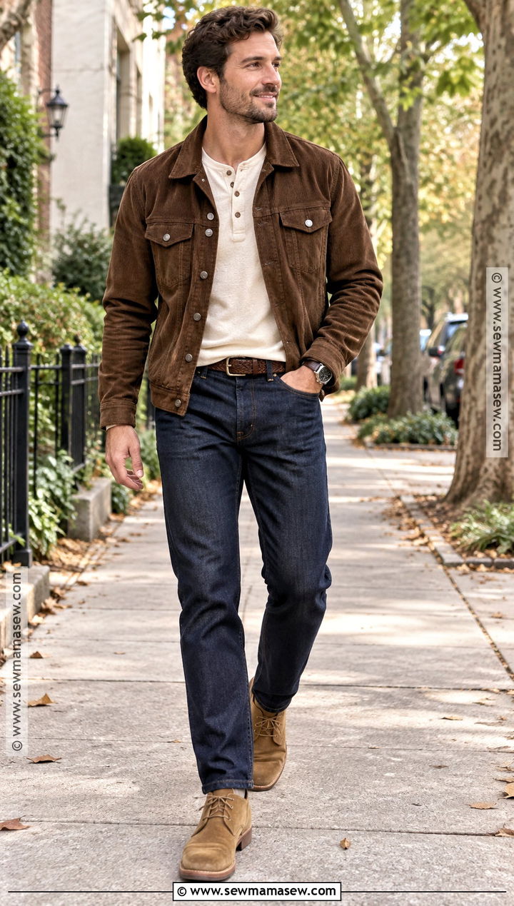 Corduroy Jacket Henley And Straight Jeans Outfit - 20 men fall outfits casual street style