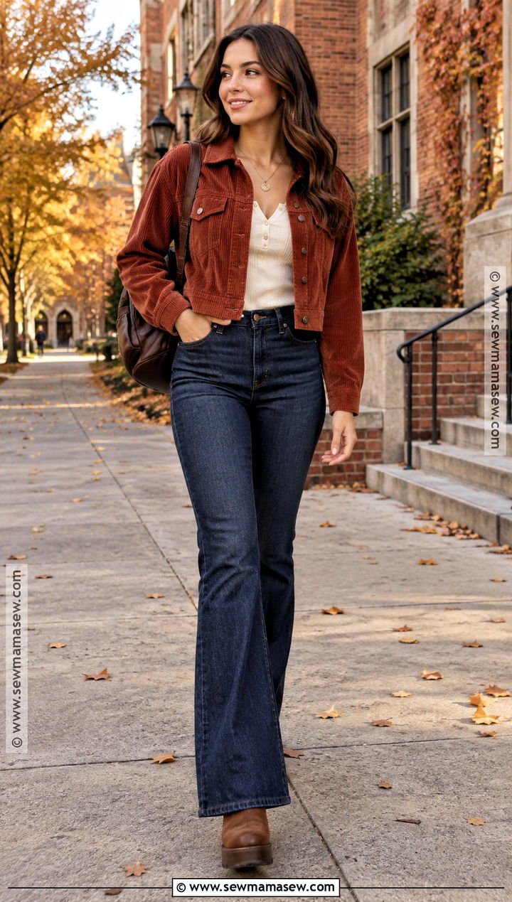 Corduroy Jacket Henley Top And Flare Jeans Campus Outfit - 15 autumn campus outfits