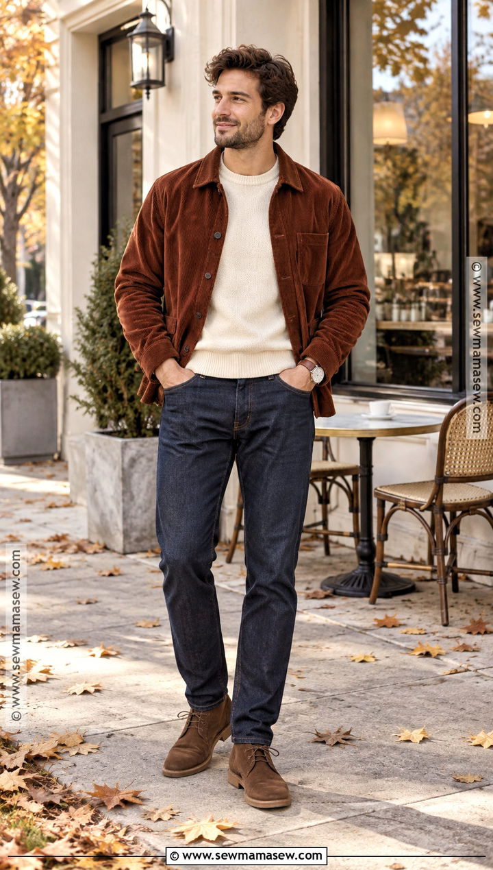 Corduroy Jacket With Crewneck Sweater and Jeans - 15 fall jackets outfit for men