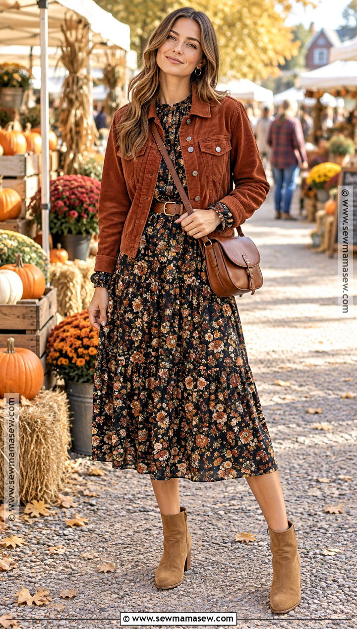 Corduroy Jacket With Floral Midi Dress - 20 cute fall jackets