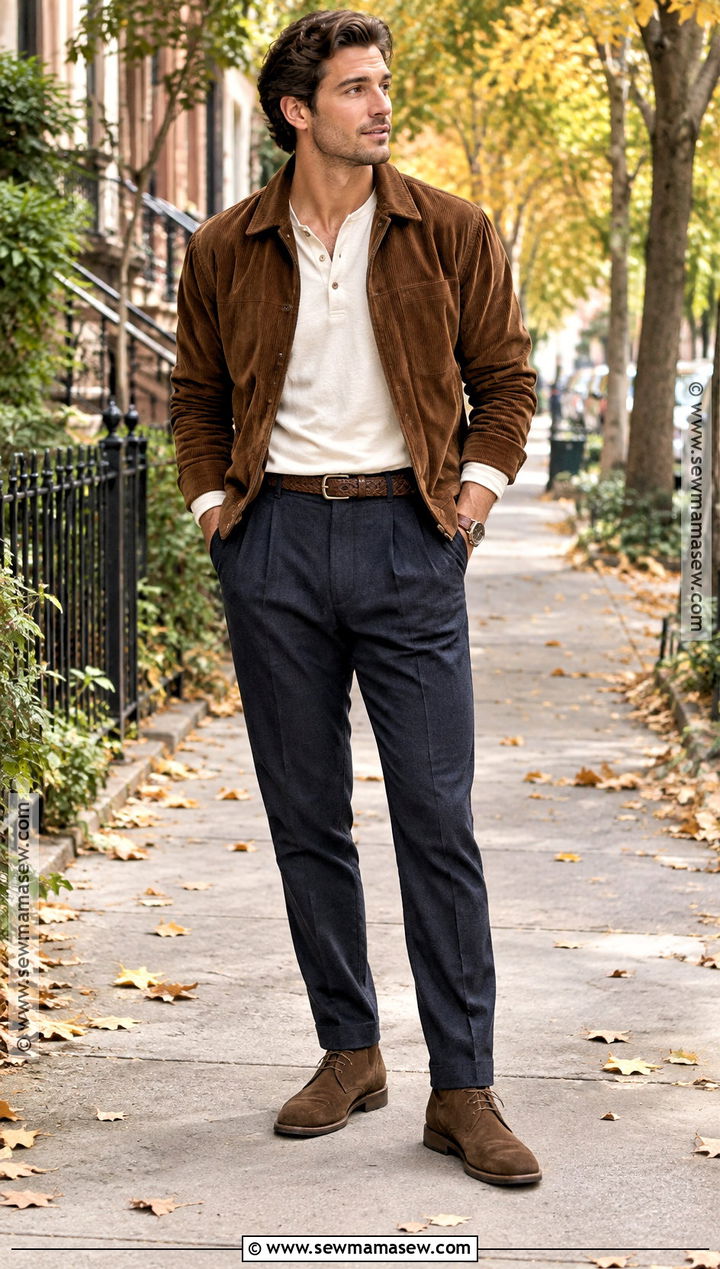 Corduroy Jacket With Henley And Pleated Pants - 20 fall winter outfits for men