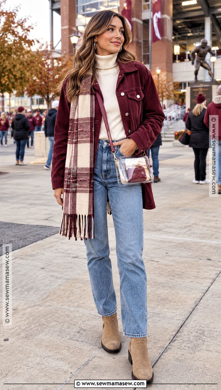 Corduroy Jacket With Turtleneck And Jeans - 20 football game outfit fall ideas