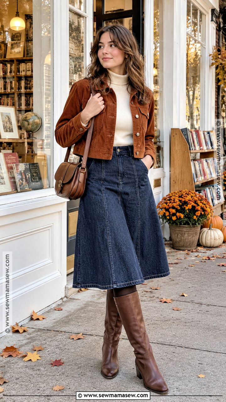 Corduroy Jacket and A Line Skirt Fall Outfit - 20 Fall Inspiration Outfits