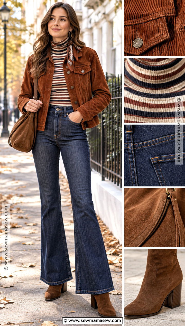 Corduroy Jacket and Flare Jeans Autumn Outfit - 15 cozy autumn outfit collage ideas