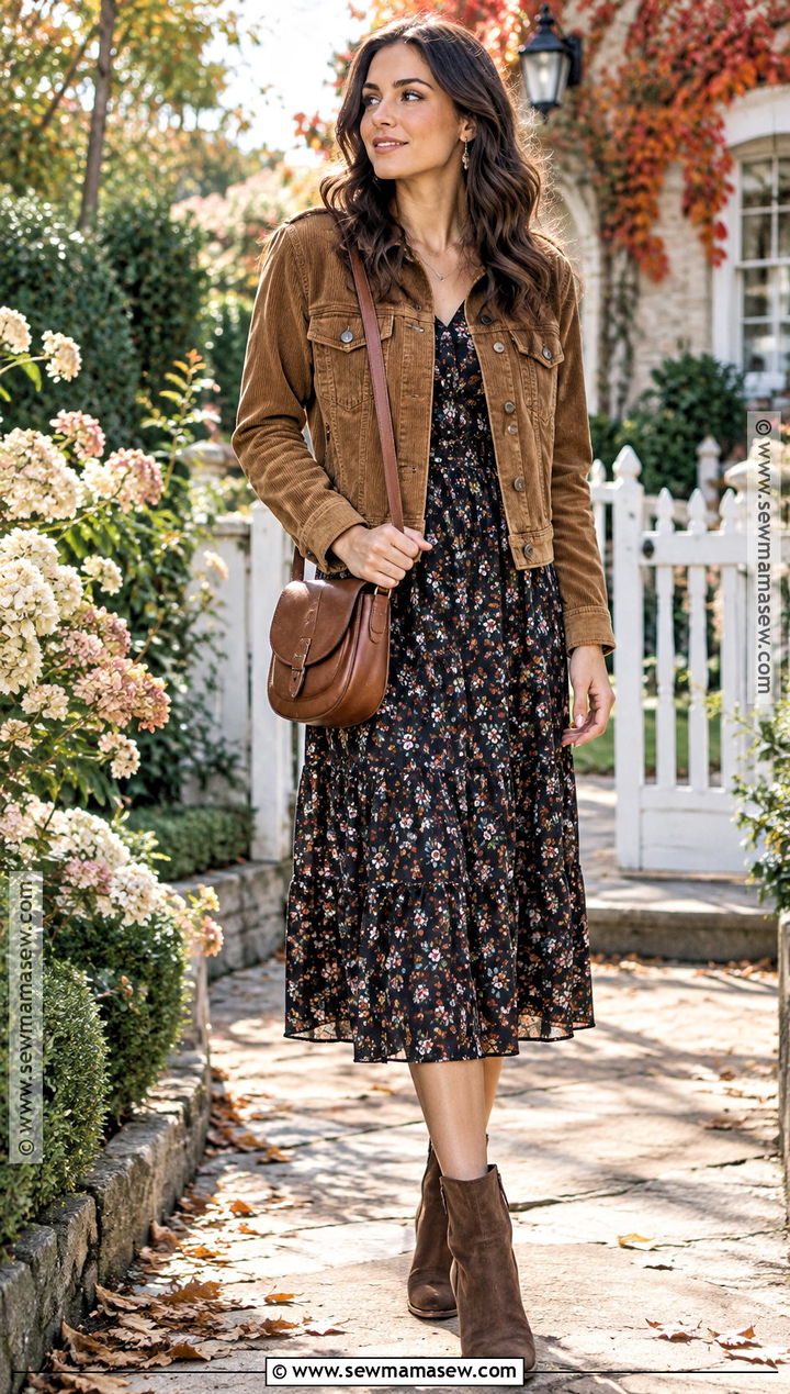 Corduroy Jacket and Floral Dress Fall Outfit - 25 cute fall outfits for women