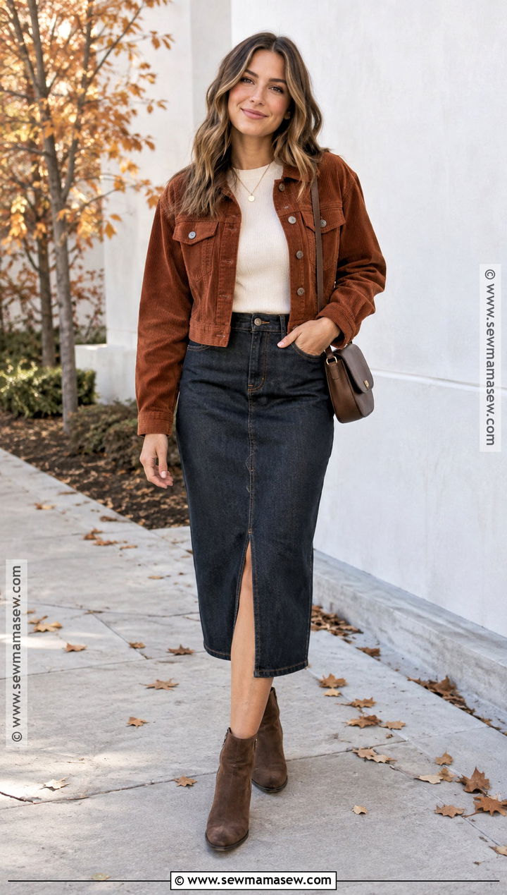 Corduroy Jacket and Midi Skirt Fall Outfit - 25 cute fall clothes