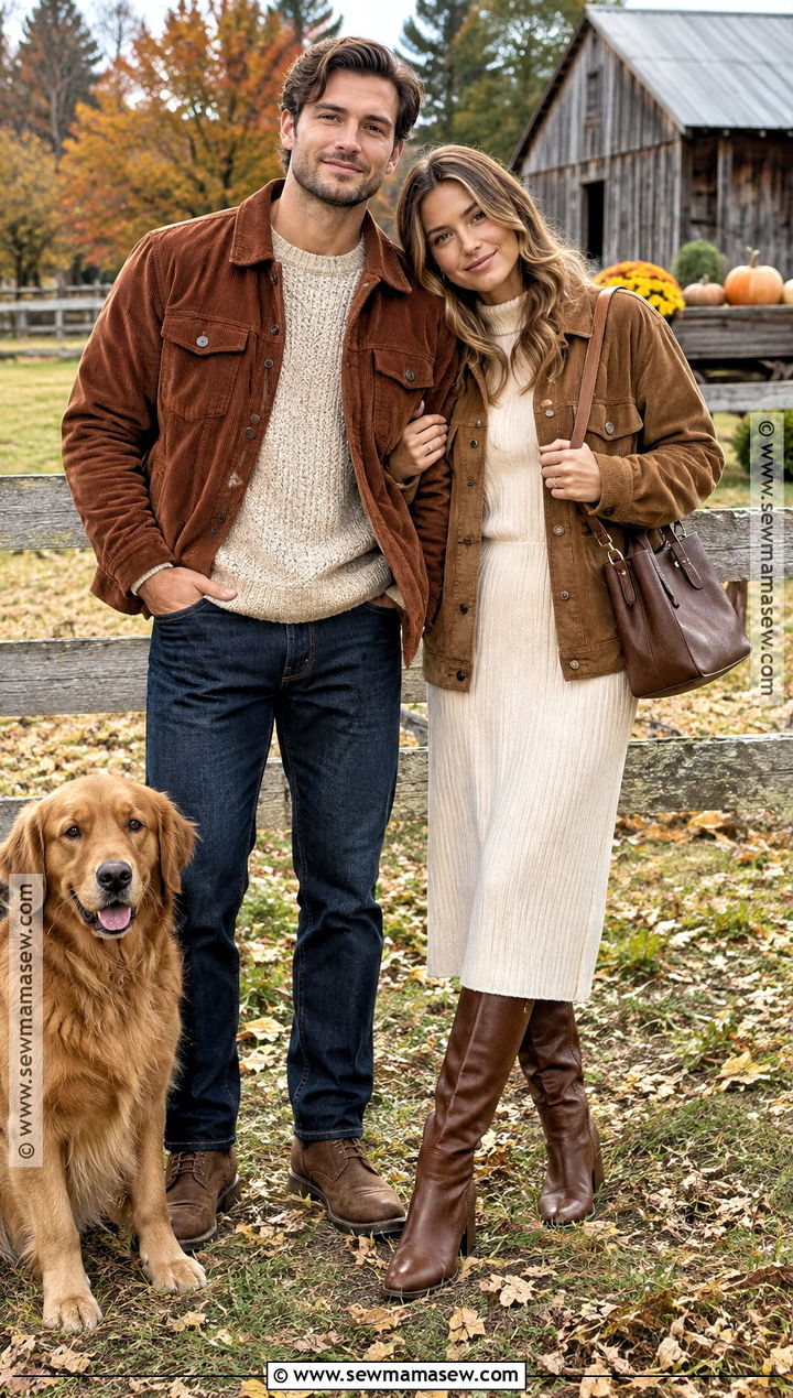 Corduroy Jacket and Neutral Knit Couple Outfit - 25 matching fall outfits for couples