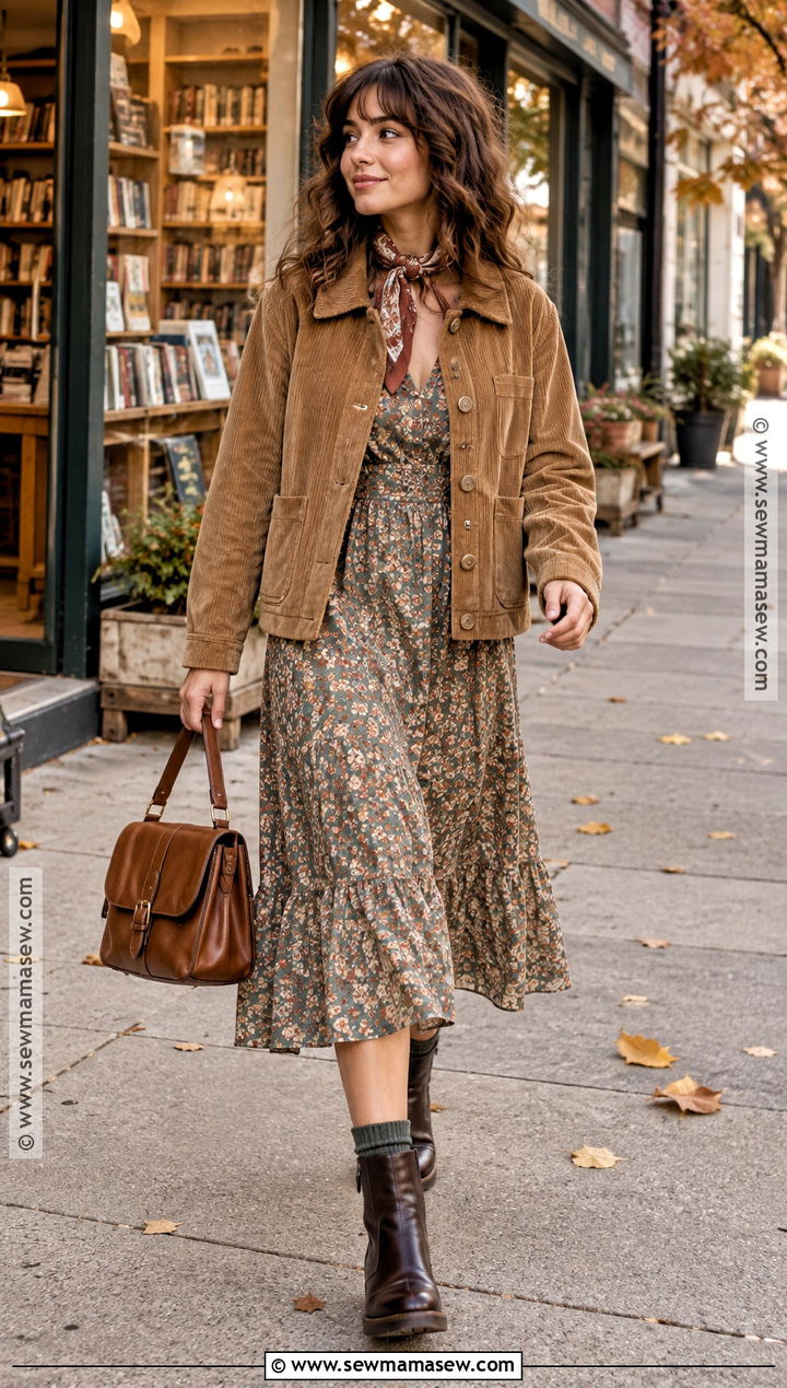 Corduroy Jacket and Printed Dress Indie Fall Outfit - 20 indie fall outfits