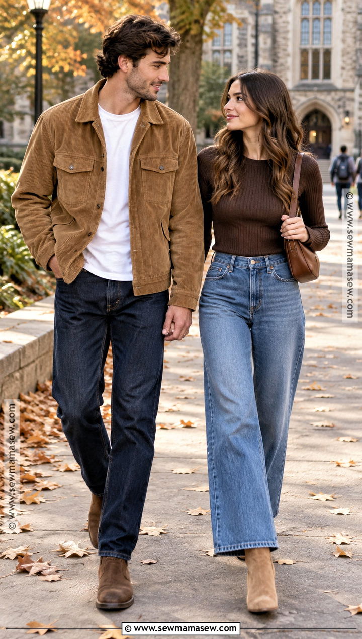 Corduroy Jacket and Wide Leg Jeans Fall Couple Outfit - 15 fall couple pics outfits