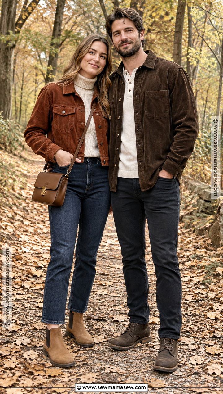 Corduroy Jackets and Cream Tops Couple Outfit - 15 Fall Couple Photos Outfits Casual