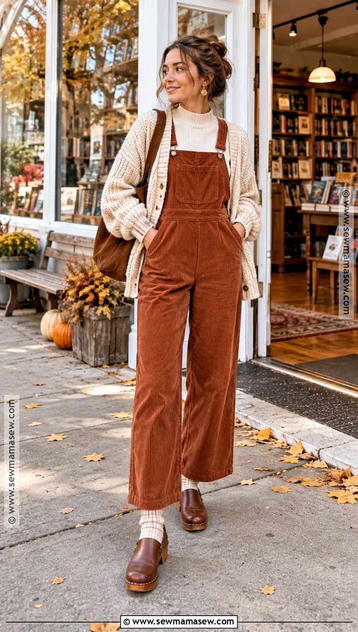 Corduroy Jumpsuit With Cardigan And Clogs - 15 Fall Jumpsuit Outfit Ideas