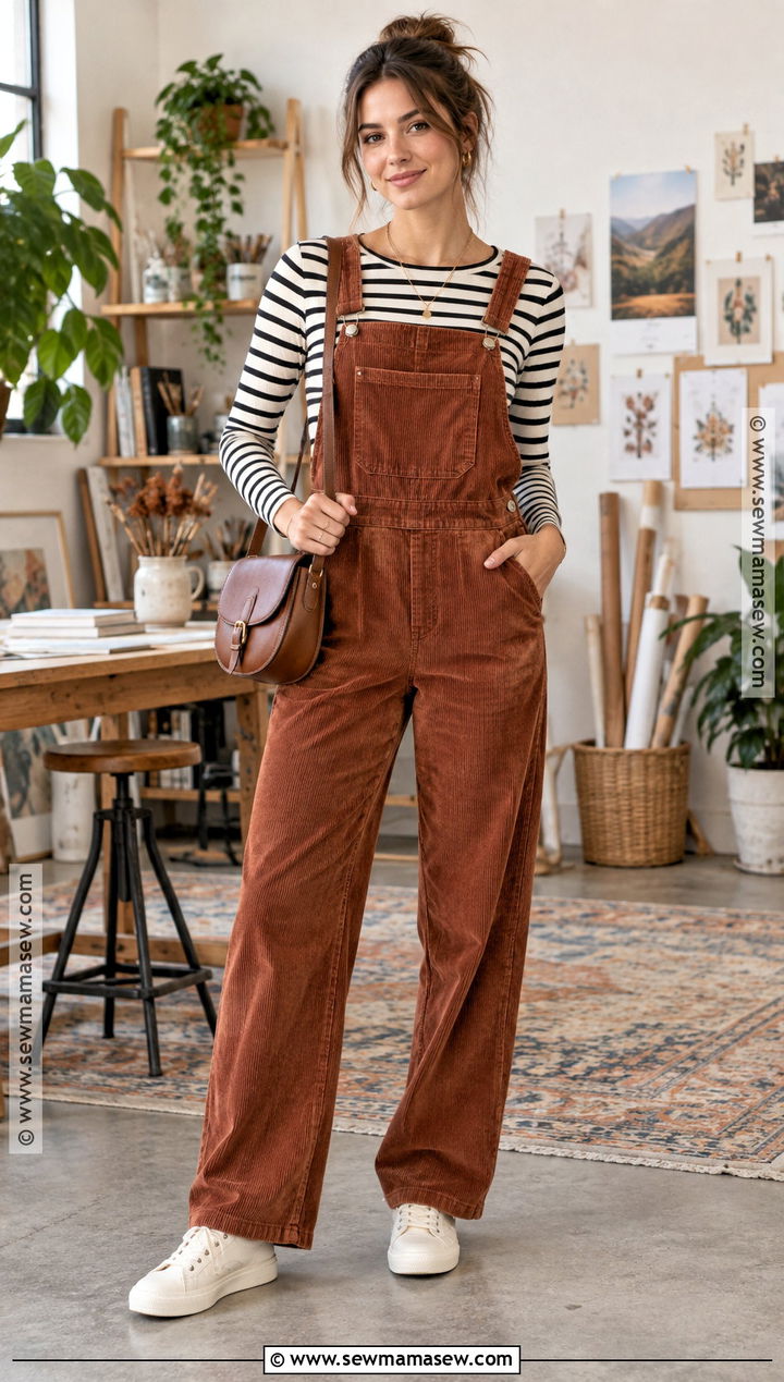 Corduroy Jumpsuit With a Striped Shirt - 15 Jumpsuits For Women Casual Fall