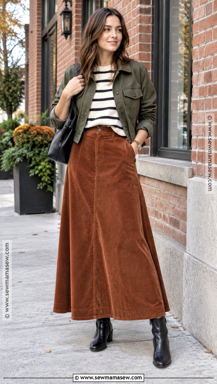 Corduroy Long Skirt Outfit With Striped Sweater And Boots - 25 long skirt outfits for fall