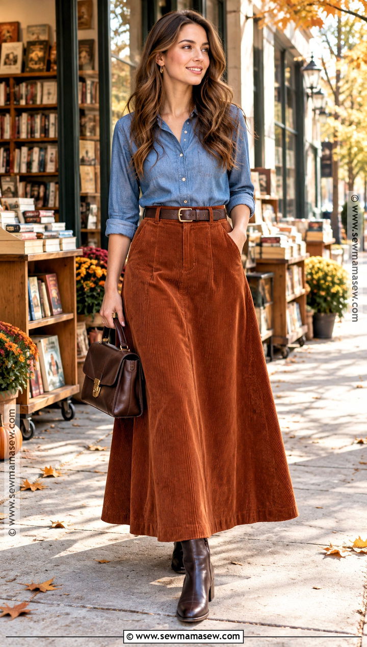 Corduroy Long Skirt With Chambray Shirt - 25 Long Skirt Fall Outfits