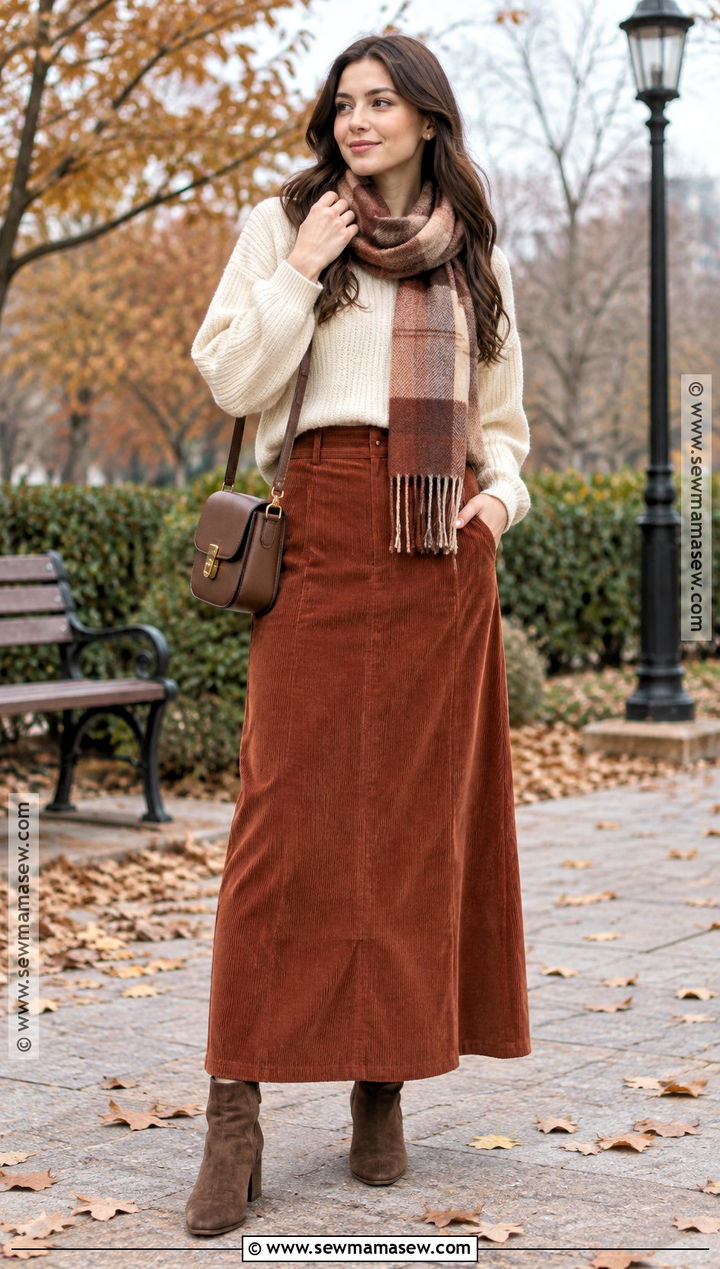 Corduroy Long Skirt With Chunky Sweater And Boots - 15 Long Skirt Outfits For Fall Casual