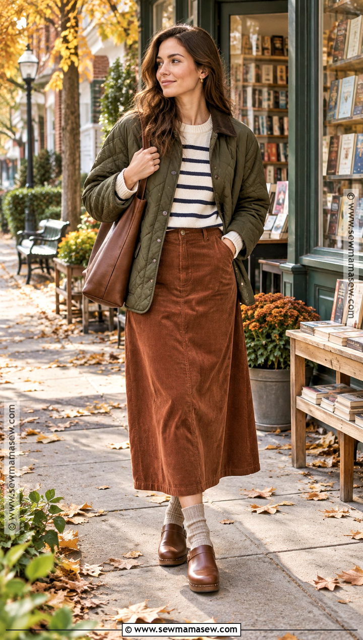 Corduroy Long Skirt With Striped Sweater And Clogs - 20 autumn outfits long skirt