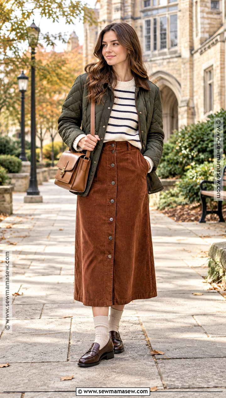 Corduroy Long Skirt With Striped Sweater and Loafers - 20 Long Skirt Fall Ideas