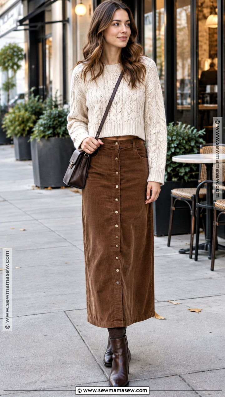 Corduroy Maxi Skirt With Cable Knit Sweater And Boots - 20 Autumn Maxi Skirt Outfit Ideas