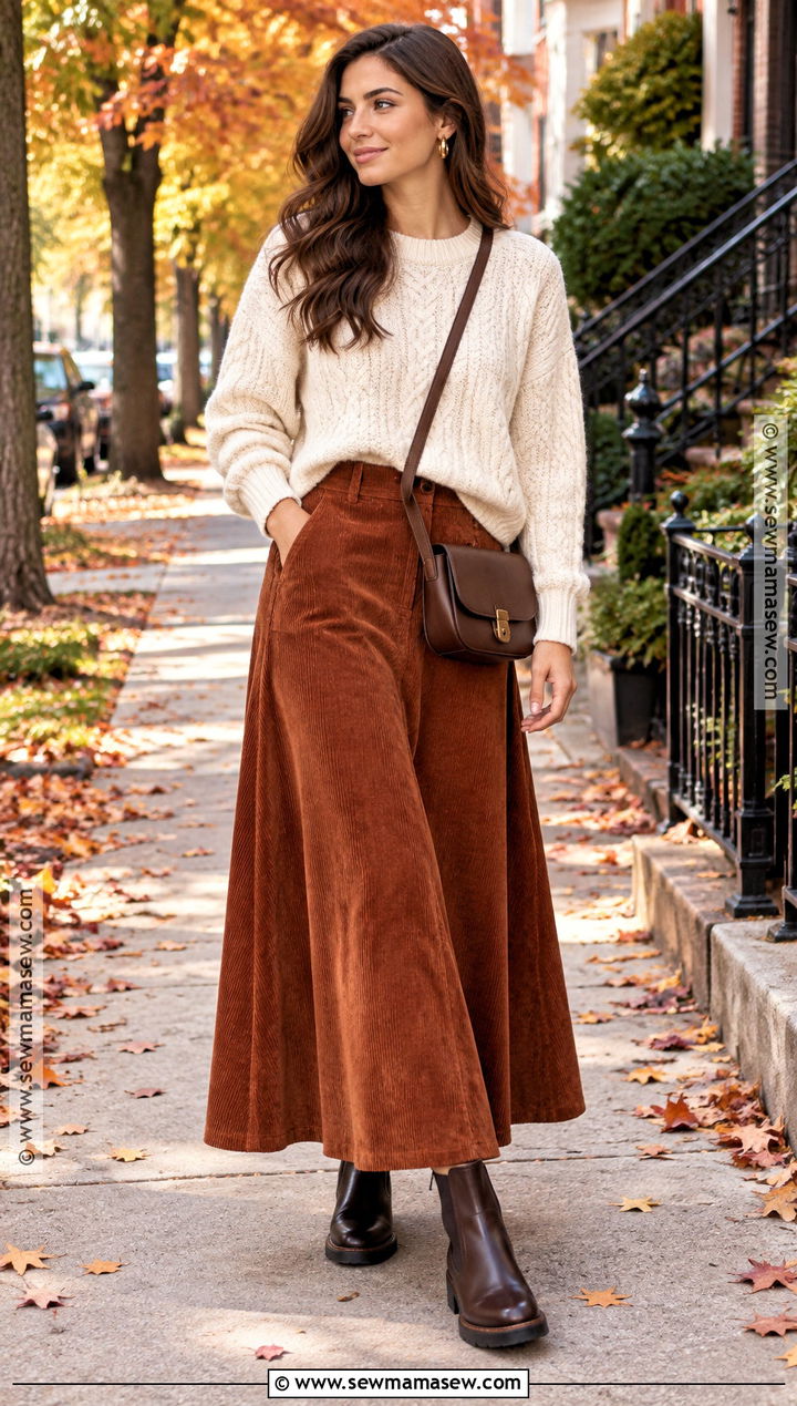 Corduroy Maxi Skirt With Cable Knit Sweater And Chelsea Boots - 20 maxi skirt autumn outfit ideas