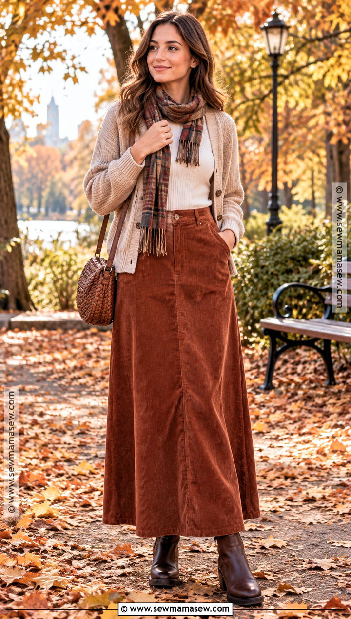 Corduroy Maxi Skirt With Cardigan And Chelsea Boots - 15 fall outfits with maxi skirts