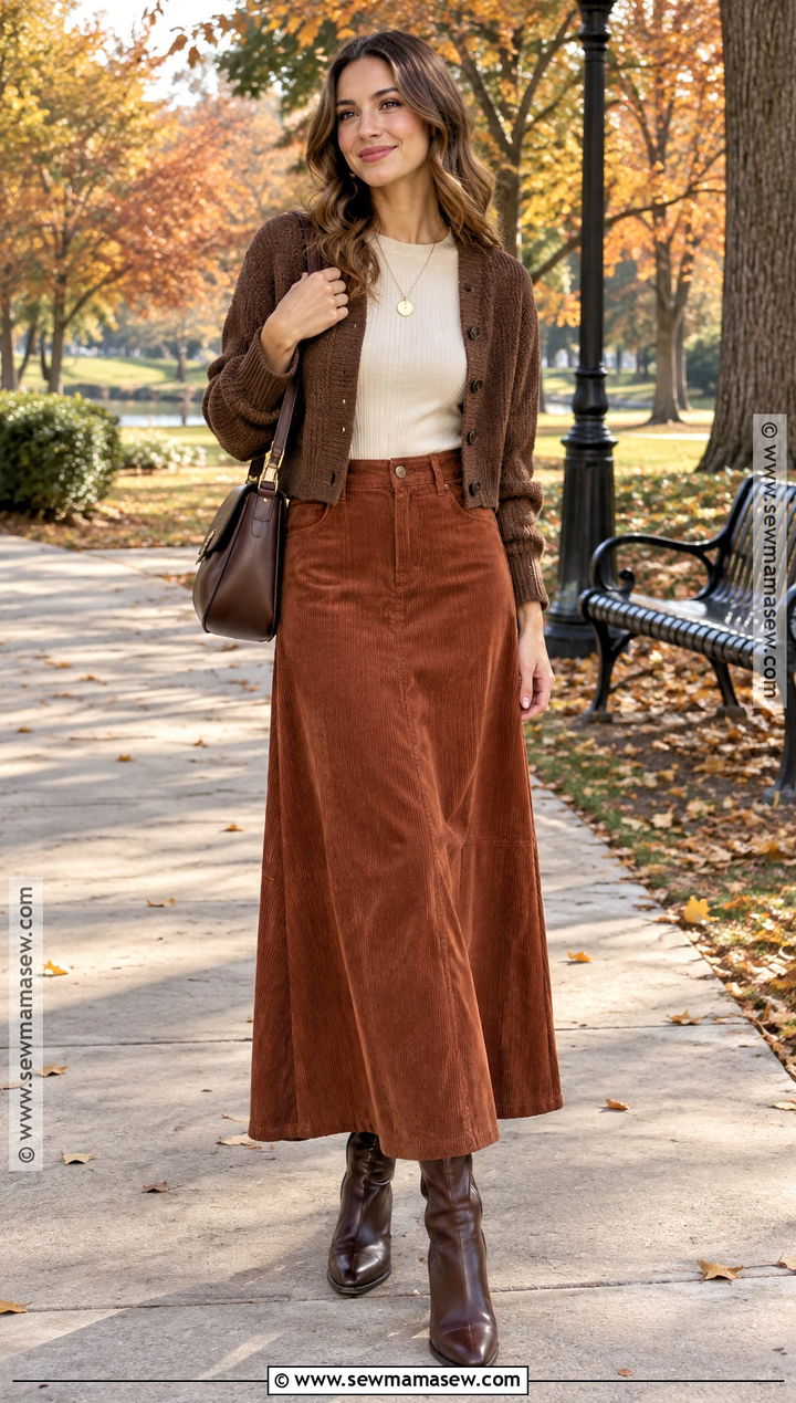 Corduroy Maxi Skirt With Cardigan And Knee High Boots - 20 fall outfits maxi skirt