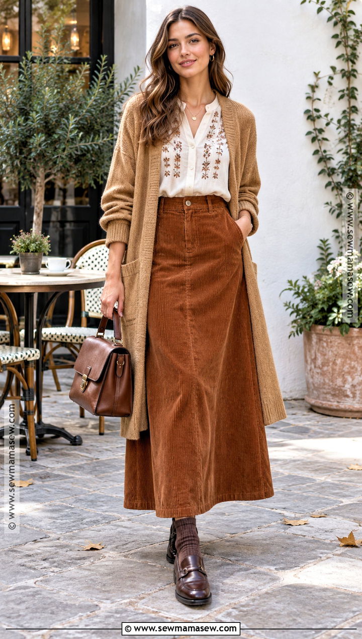 Corduroy Maxi Skirt With Embroidered Blouse And Loafers - 15 boho skirt outfit fall ideas