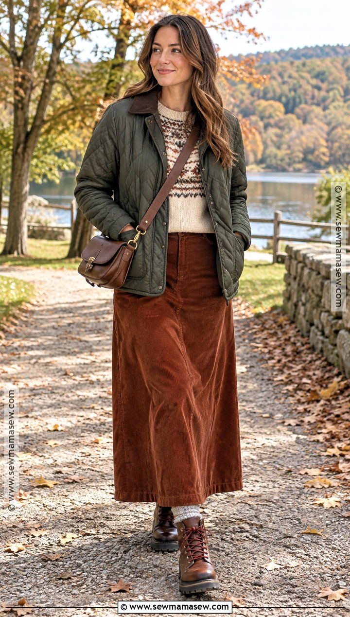 Corduroy Maxi Skirt With Fair Isle Sweater And Hiking Boots - 25 maxi skirt fall outfit ideas