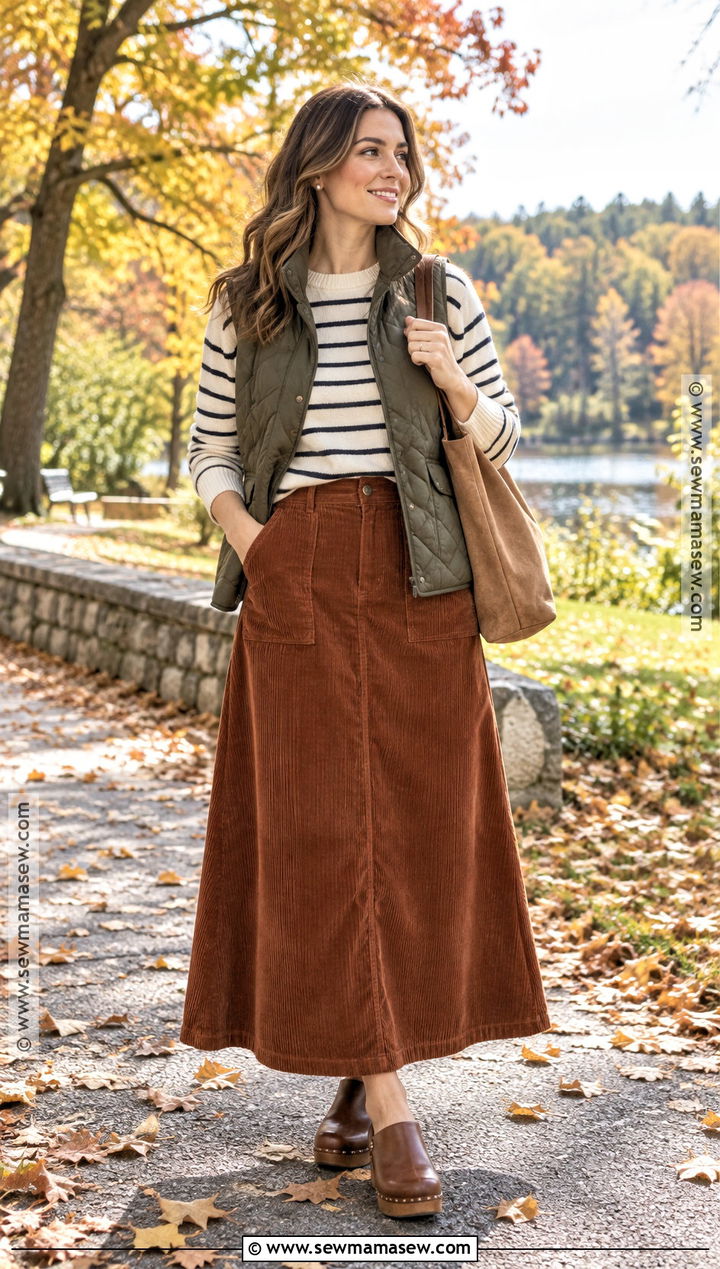 Corduroy Maxi Skirt With Striped Sweater And Clogs - 25 fall maxi skirt outfits